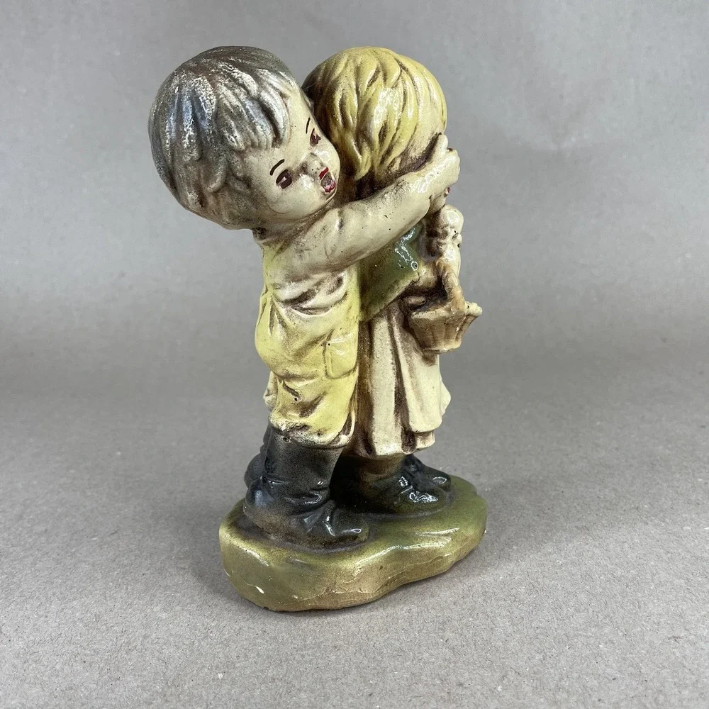 Vintage Boy Covering Girls Eyes‎ Holding Basket Figurine Surprise Yellow Green